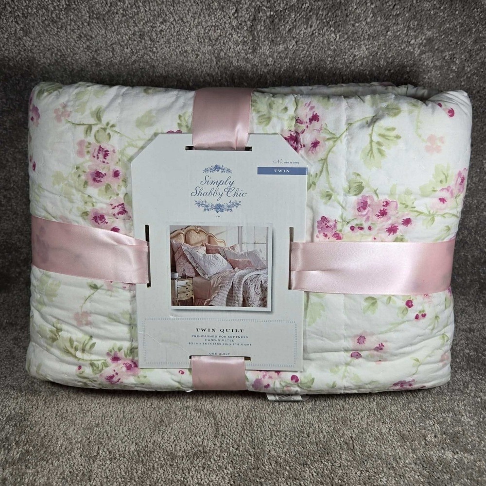 Simply Shabby Chic Twin Quilt White Pink Floral Quilted Cotton Bedding Twin
